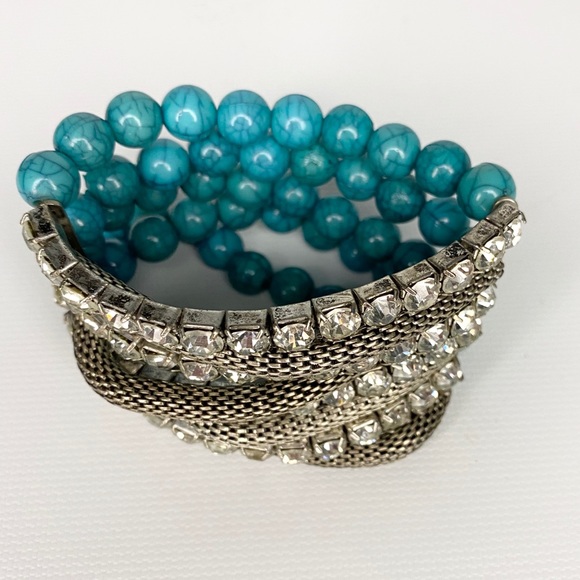 Turquoise Color Bead Rhinestone S.T. Mesh Bracelet - Picture 6 of 10